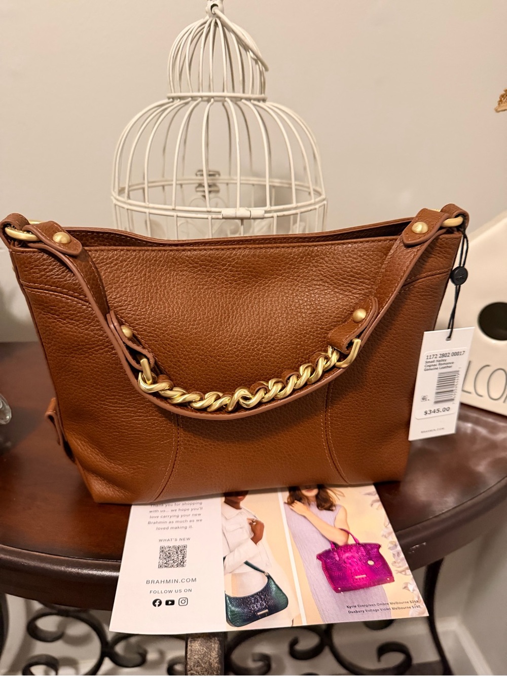 Brahmin Cognac Pebbled Leather Crossbody with Gold Chain Accent